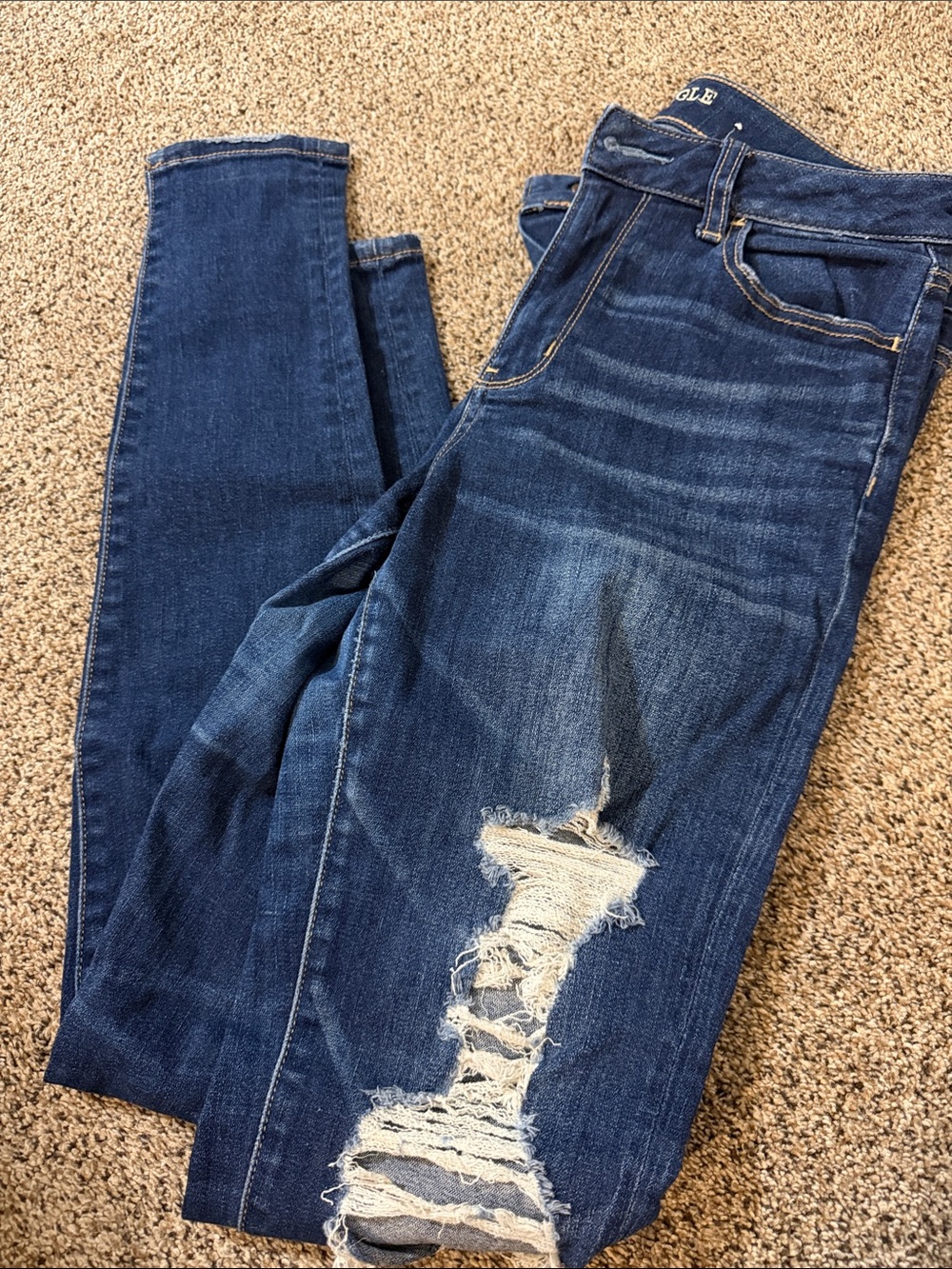 American Eagle Outfitters Dark Blue Skinny Jeans with Distressed Knee